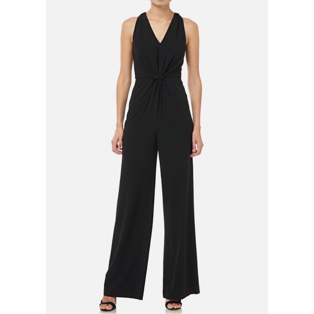 Halston Heritage Black Twist Front V-Neck Wide Leg Jumpsuit Women's Size 10